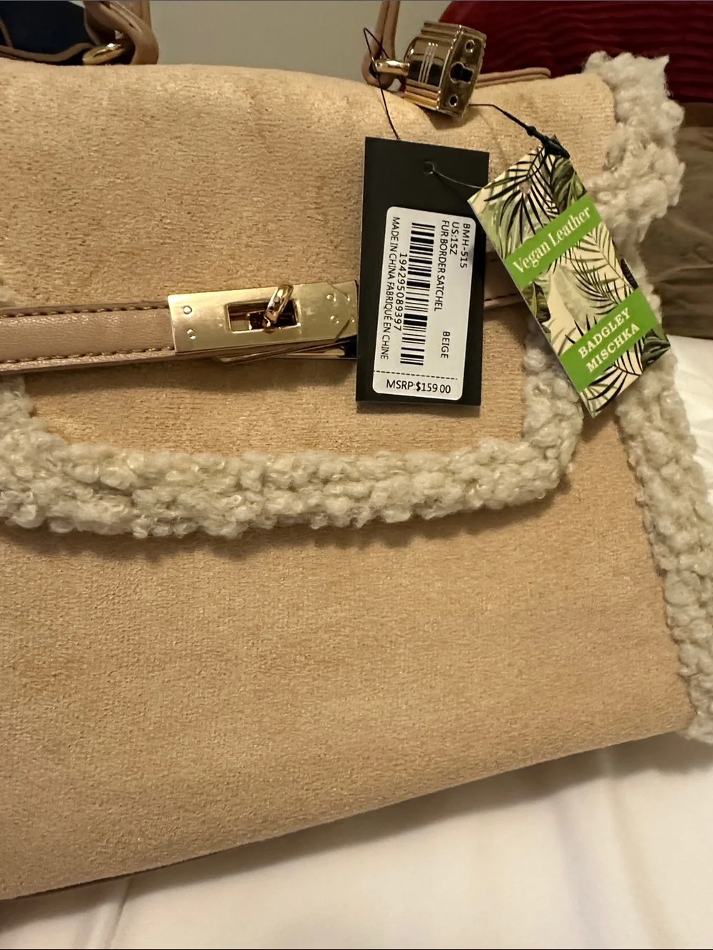 Badgley Mischka Beige Shearling-Trim Satchel